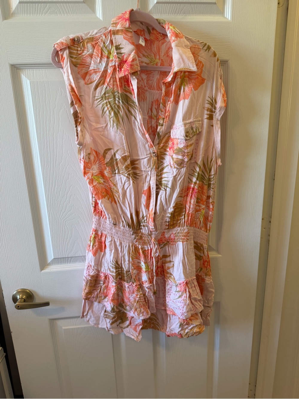Light Pink Tropical Floral Shirred Waist Mini Dress